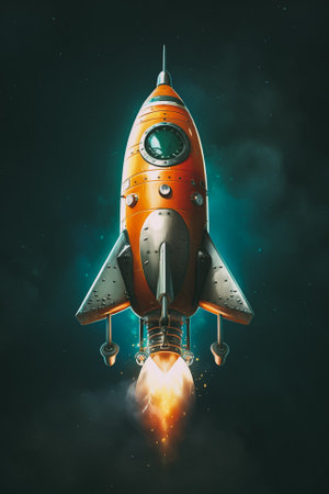 Space rocket flying high in the sky. 3d render illustration.の素材