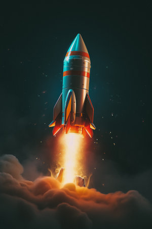 Rocket flying high in the sky. 3d illustration. Retro style.の素材