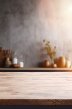 Empty wooden table in front of blurred kitchen interior. Mock up, 3D Renderingの素材