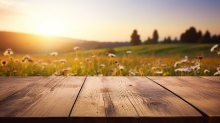 Empty wooden table in front of beautiful landscape. Collage. Selective focus.の素材