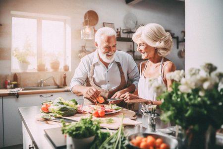 Happy senior couple cooking together in kitchen at home. They are looking at camera and smilingの素材