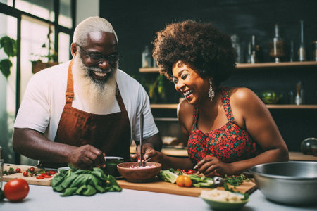 cheerful african american couple cooking together in kitchen at homeの素材