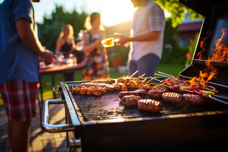 Group of friends grilling meat on barbecue grill in summer evening.の素材