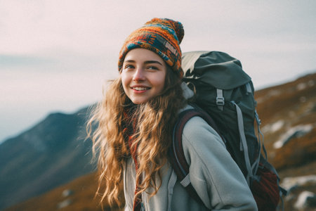 young woman hiker with backpack hiking in mountains. Travel Lifestyle concept.の素材
