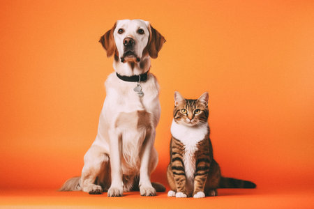 Cat and dog together on orange background. Pet and dog together.の素材