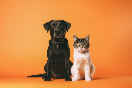 Cute cat and dog together on orange background. Studio shot.の素材
