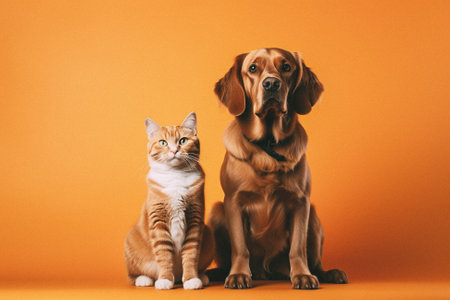 Cat and dog together on orange background. Studio shot. Copy space.の素材