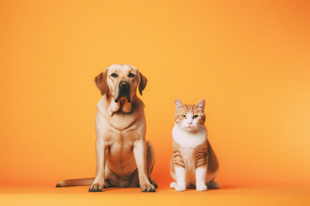 Yellow Labrador Retriever dog and cat sitting on orange background.の素材