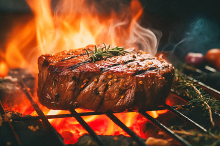 Grilled beef steak on a barbecue grill with flames and smoke.の素材