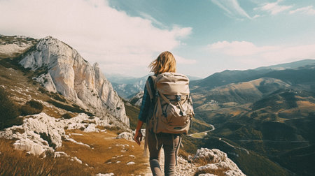 A woman with a backpack is hiking in the mountains. The girl is traveling.の素材