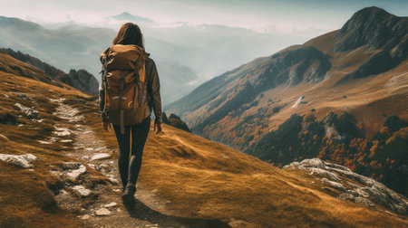 Hiker woman with backpack hiking in autumn mountains. Travel and adventure concept.の素材