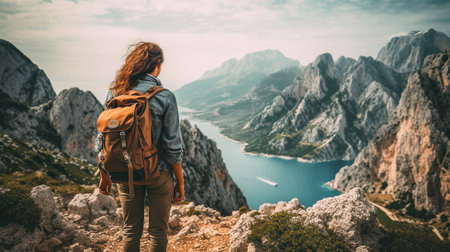 Hiking woman with backpack standing on the top of a mountain and looking at the seaの素材