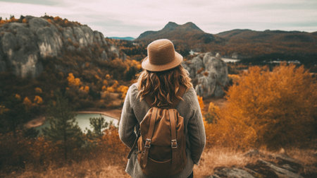 Young woman traveler with a backpack on the background of the autumn mountainsの素材