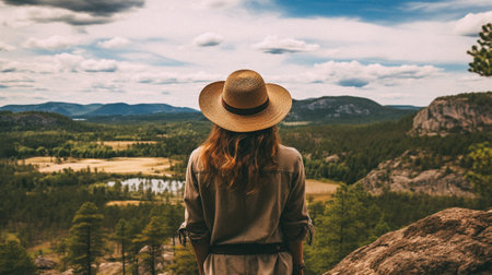 Beautiful woman in hat and dress standing on the edge of cliff and looking into the valleyの素材
