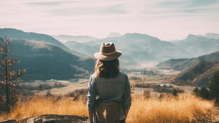 Beautiful young woman in hat and overalls looking at the mountains.の素材