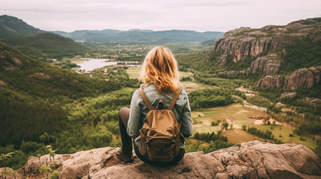 Young woman hiker with backpack sitting on top of the mountain and enjoying valley viewの素材