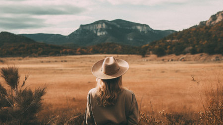 Beautiful young woman in a hat and sweater is standing in the field and looking at the mountainsの素材
