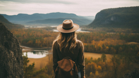 A young woman with a backpack and a hat is standing on the edge of a cliff and looking at the river.の素材