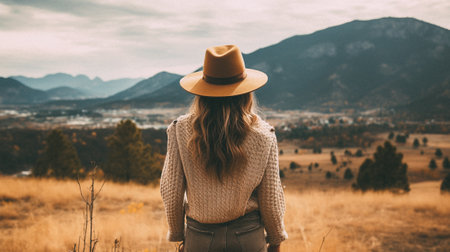 Young woman in hat and sweater standing in field and looking at mountainsの素材