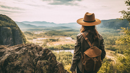 A young woman in a hat and a backpack is standing on a rock and looking at the valley.の素材