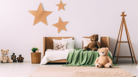 Interior of children's room with bed, teddy bears and wooden starsの素材