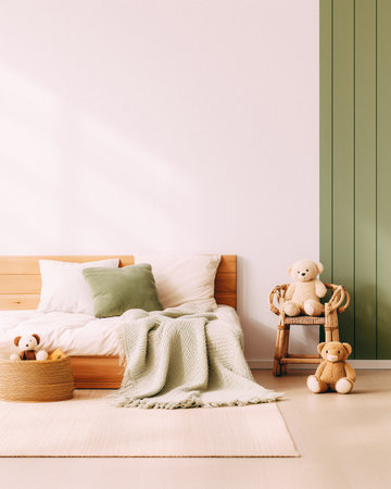 interior of children room with wooden bed and teddy bear. 3d renderの素材