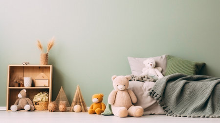 Interior of scandinavian children room with green wall, wooden shelf with teddy bears, pillows and toysの素材