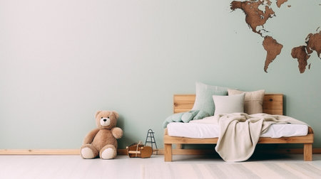 Children's room interior with a wooden bed, teddy bear and toysの素材