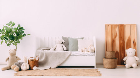 Interior of modern scandinavian living room with white sofa, rattan basket and teddy bearの素材