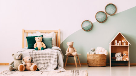 Interior of kid's room with wooden bed and teddy bearsの素材
