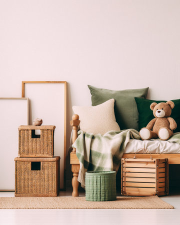 Interior of modern scandinavian bedroom with wooden furniture, pillows and teddy bearの素材