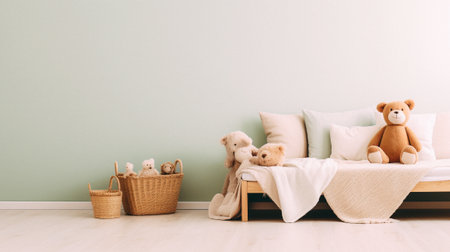 Baby room interior with bed and teddy bear toys, copy spaceの素材