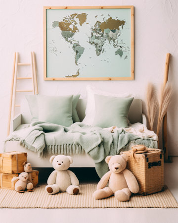 Interior of child room with sofa and toys. scandinavian styleの素材