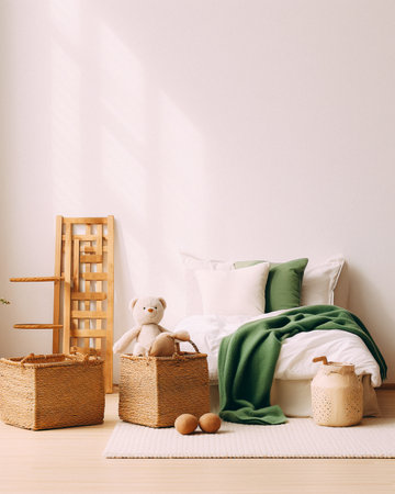 Interior of child room with white walls, teddy bear, wicker basket and wooden ladderの素材