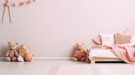 Interior of child room with wooden bed and teddy bear toysの素材