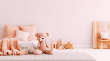 Baby room interior with teddy bear and toys. 3d renderingの素材