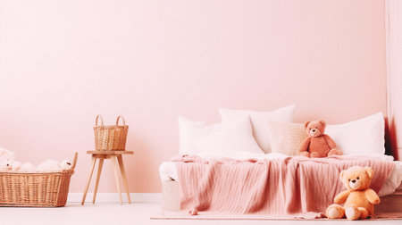 Interior of children room with pastel pink wall, soft toys and bedの素材