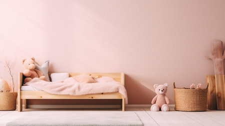 Interior of children's room with wooden bed and teddy bearの素材