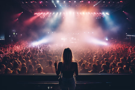 Female singer with microphone on stage during concert. Back view of a female singer performing on stage.の素材