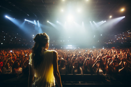 Female singer with microphone on stage during concert. Back view of a female singer performing on stage.の素材