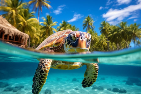 Green sea turtle swimming underwater in the ocean with palm trees on backgroundの素材