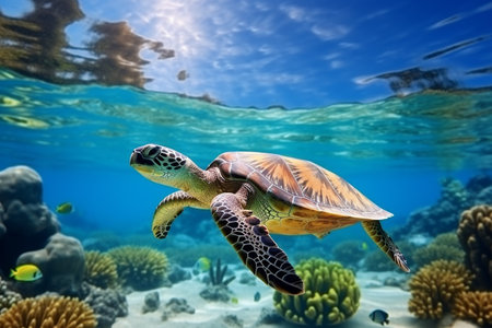 Green sea turtle swimming underwater in the ocean with palm trees on backgroundの素材