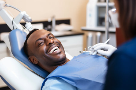 smiling african american man sitting in dental chair at clinicの素材