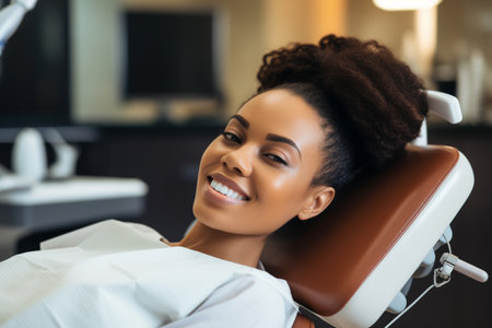 selective focus of african american female patient smiling while sitting in dental chairの素材