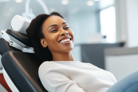 selective focus of african american female patient smiling while sitting in dental chairの素材