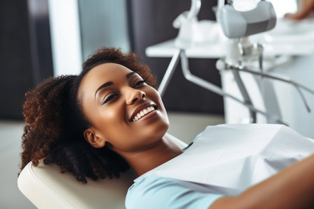 selective focus of african american female patient smiling while sitting in dental chairの素材