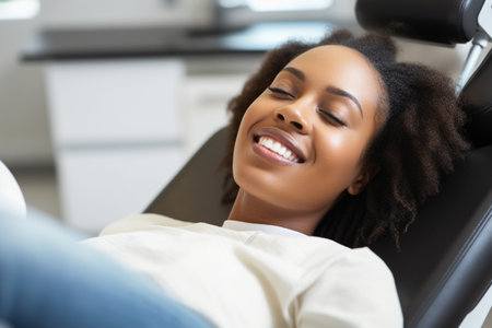selective focus of african american female patient smiling while sitting in dental chairの素材