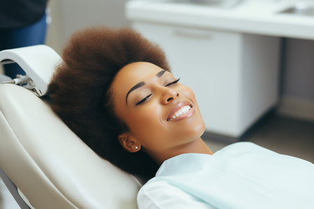 selective focus of african american female patient smiling while sitting in dental chairの素材