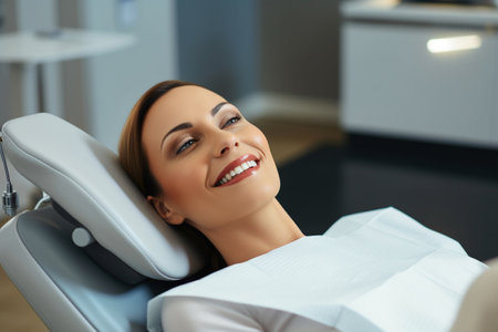 Young woman in dental chair at clinic. Dentistry and health careの素材