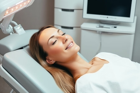 Portrait of a beautiful young woman lying on a dental chair in a dental clinic.の素材